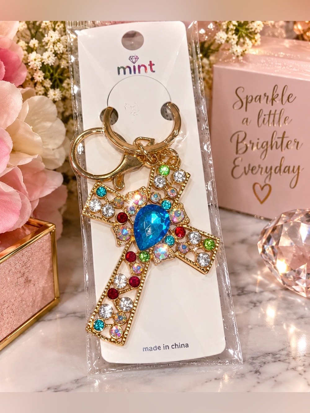 Mint Rhinestone Cross Keychain Key Ring Gold Tone Multicolor Crystal Charm NWT
